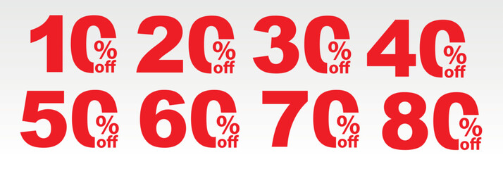 Discount Percentage Numbers Vector Set - 10, 20, 30, 40, 50, 60, 70, 80 Percent Off Red Typography