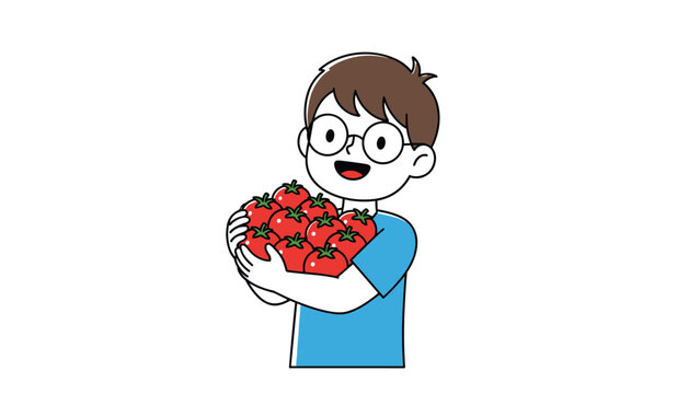 A happy boy with glasses smiling as he holds a large armful of fresh red tomatoes, illustrating harvesting, healthy eating, or gardening.