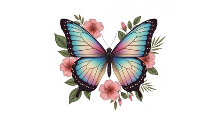 Obraz premium Iridescent butterfly surrounded by pink blossoms
