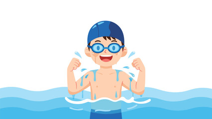 Happy young boy wearing a swimming cap and goggles, flexing his muscles joyfully in the water, illustrating children's swimming lessons.