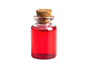 Small glass bottle, filled with vibrant red liquid, tightly sealed with a cork stopper
