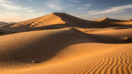Golden sand dunes shaped by wind form natural patterns in a vast desert landscape.