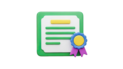 3D Illustration of a Certificate with a Blue and Yellow Ribbon