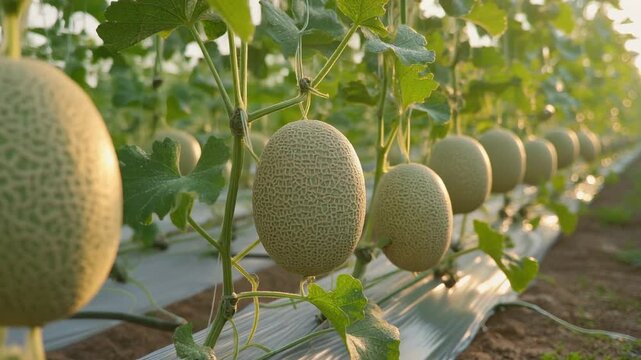 Ripe Melons Growing on Vine Rows in Modern Greenhouse Farm AIG Footage