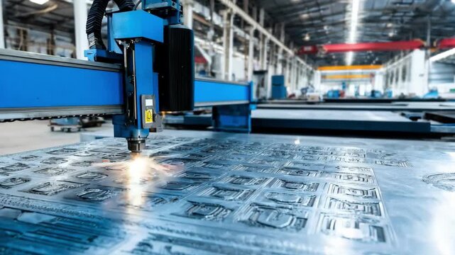 Medium shot of an industrial laser engraving machine etching intricate patterns on metal panels inside a spacious manufacturing workshop.