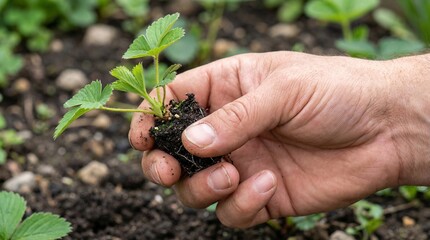 Hand holding strawberry seedling with soil in a garden  