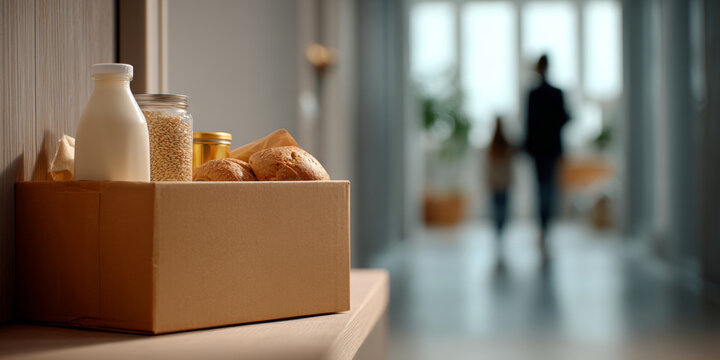 Cardboard box filled with groceries including milk, bread, and grains placed on a wooden surface with blurred figures in background