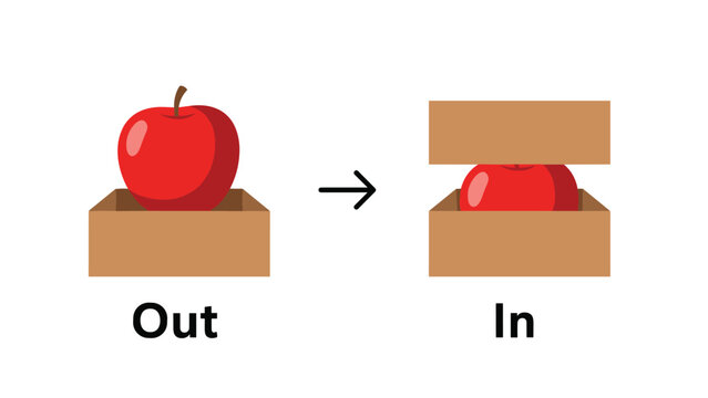 Simple educational graphic illustrating the prepositions of place 'in' and 'out' using a red apple and a cardboard box.