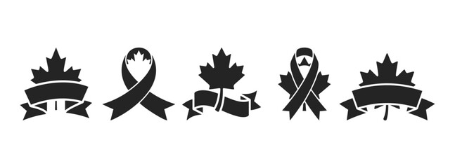 Collection of Canadian Maple Leaf Ribbon Icons for National Remembrance and Support Symbols, Black Silhouette Graphics for Canada Day and Commemoration