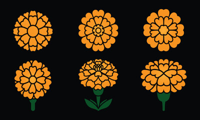Set of Stylized Orange Marigold Flower Icons for Day of the Dead Decoration, Cempasuchil Floral Symbols Isolated on Black Background