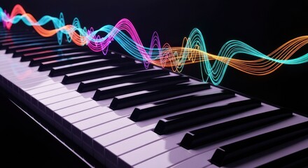 Luminous soundwaves flow from a piano keyboard