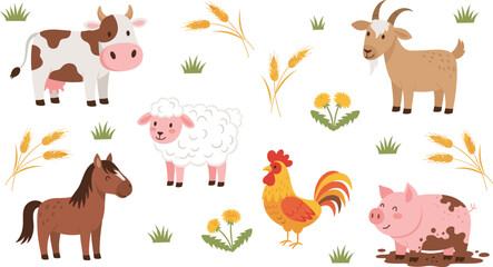 Fototapeta premium Cute farm animals collection with cow sheep goat horse pig and rooster cartoon vector illustration