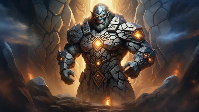 Stone Carved Fantasy Giant with Cracked Granite Skin and Glowing Golden Runes in Cinematic Ancient Cavern
