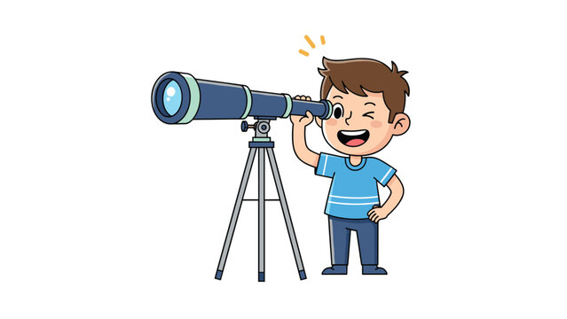 Curious and happy young boy winking while looking through a telescope on a tripod, exploring the stars and astronomy as a hobby.