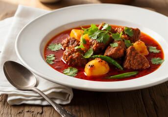 Fototapeta premium Red Curry with Meat and Potatoes in Bowl, Cilantro Garnish, Wooden Surface, and Utensil Napkin 