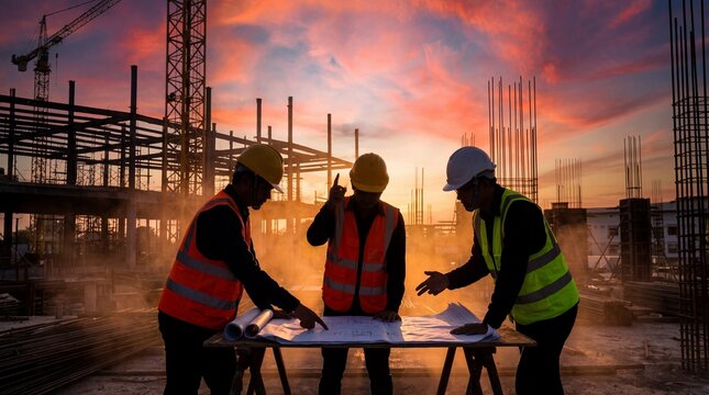 Construction workers review blueprints at a building site at sunset - Powered by Adobe