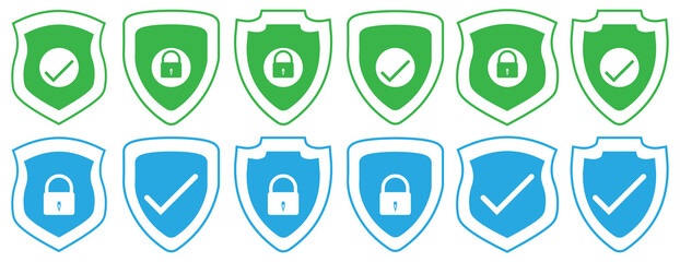 Set of security shield icons, security shields logotypes. Shield check mark icon . Protection secure lock vector sign. Shield with check mark icon set.  Safety shield symbols.
