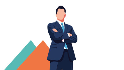 Faceless illustration of a confident businessman in a dark suit and blue tie standing with arms crossed against an abstract background.