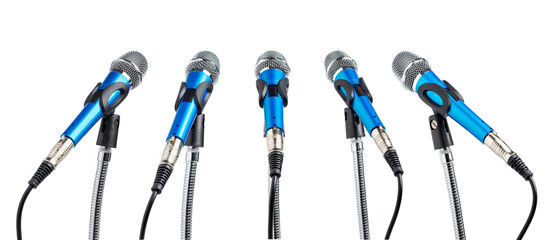 Set of blue dynamic microphone on stand isolated on white background, five microphones over white.