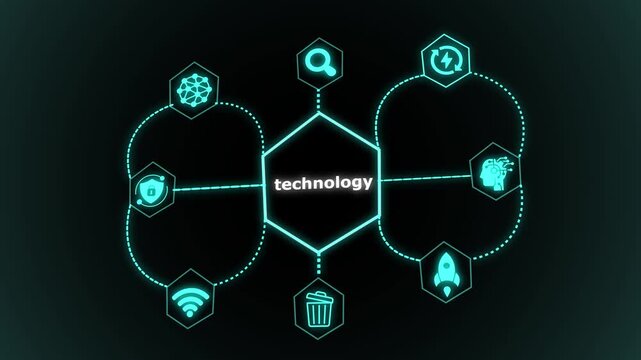Modern technology network visualization with a central hexagonal hub, connected digital icons, data flow pathways, and futuristic system architecture.