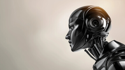 Glossy black robot head in side view on neutral background, chrome futuristic design, faceless, with copy space