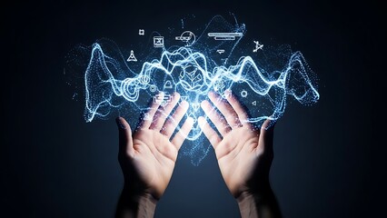 Hands Holding Digital Waveform and Technology Interface