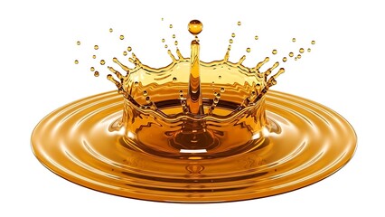 Golden liquid splash creating ripples on a white background, showcasing fluid dynamics and dynamic motion