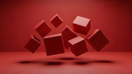 Abstract composition featuring multiple vibrant red three dimensional cubes suspended above a matching red surface creating dynamic shadows and depth