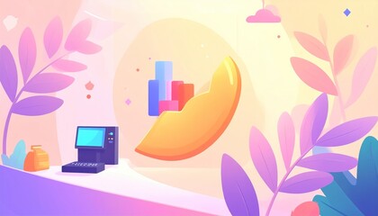 Abstract Illustration of Financial Growth with Pastel Colors and Nature Elements.