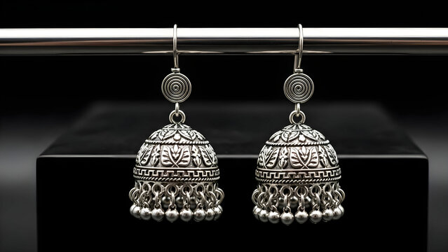 Traditional oxidized silver jhumka earrings with intricate detailing hanging from a polished metal rod against a dark backdrop for jewelry display