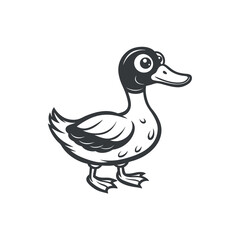 A black and white cartoon illustration of a cute duck with large eyes and a friendly expression, standing on a white background.