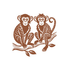 Obraz premium Two smiling brown monkeys sitting on a tree branch, depicted in a detailed illustrative style on a white background.