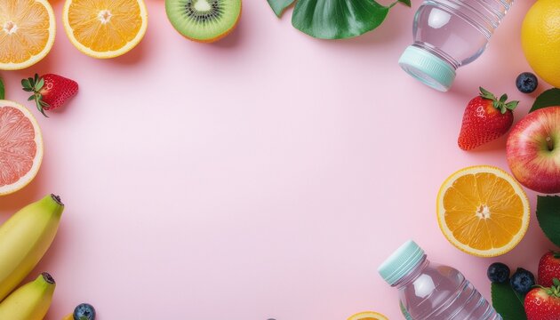 Aneka buah-buahan segar berwarna-warni dan botol air bening yang disusun secara dekoratif di atas latar belakang merah muda lembut, membentuk desain bingkai makan sehat yang cerah untuk ruang teks.