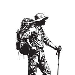 Hiker with Backpack and Trekking Pole Silhouette