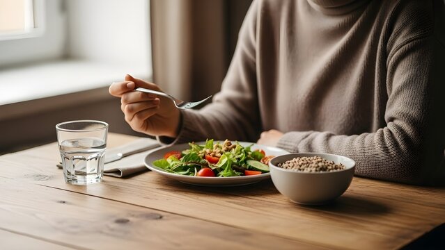 A person enjoys a wholesome meal of salad, grains, and water at a sunlit table, embodying mindful eating and balanced nutrition.