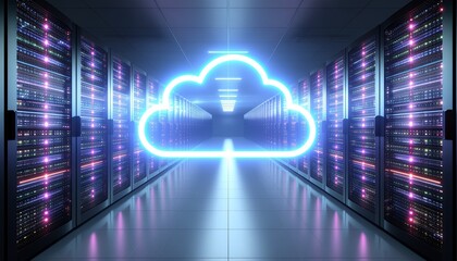 Pusat data komputasi awan dengan ikon awan biru bercahaya.