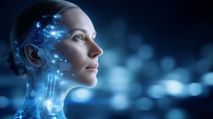 Futuristic cybernetic female portrait with digital interfaces and neon accents, AI and robotics concept, faceless, defocused background, with copy space