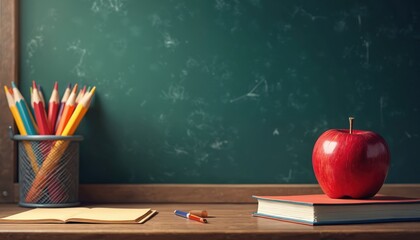 Colorful pencils in container sit near red apple on book beside open notebook on wooden desk. Green chalk board background. Ready for learning.