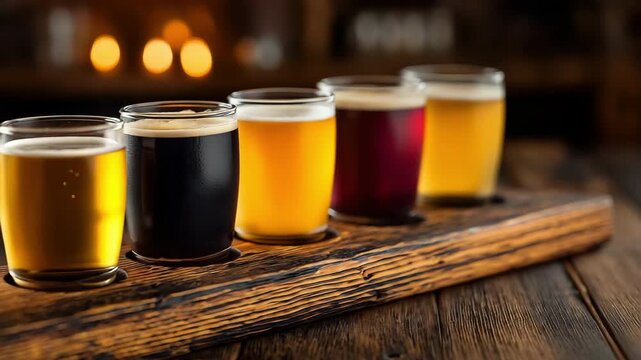 The beer flight lineup features sample glasses of several craft beers for enjoyable sampling.