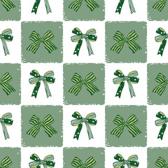 Seamless St Patricks day green bow checkerboard pattern for background 