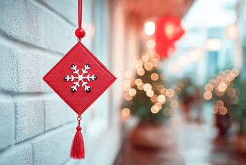 Red diamond pattern with a snowflake symbol in Chinese New Year tradition, suitable for holiday backgrounds, festive decoration, seasonal design and celebratory layouts.