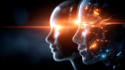 Two futuristic android faces in profile with glowing eyes, advanced AI interaction concept, faceless, defocused composition, with copy space