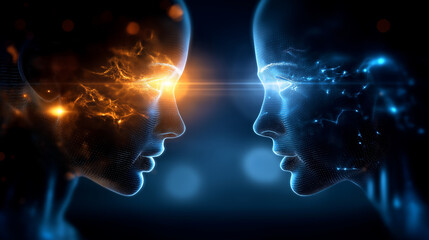 Obraz premium Two futuristic android faces in profile with glowing eyes, advanced AI interaction concept, faceless, defocused composition, with copy space