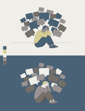 Digital Notification Overload Concept - Stressed Person Swarmed by Blank Customizable Speech Bubbles