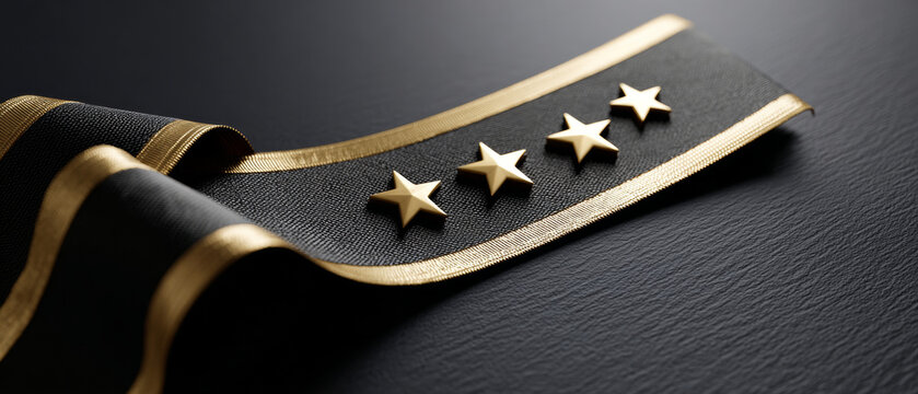 Close-up of a black military epaulette with four gold stars and gold trim on a dark textured surface