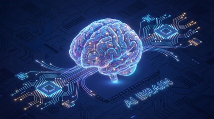 An illuminated 3D rendering of the human brain, integrated with circuit board elements, symbolizing artificial intelligence and technological advancement. 