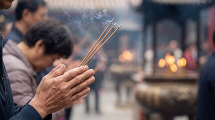 An elderly person is seen in a moment of reverence, their hands delicately holding incense sticks as smoke gracefully rises towards the heavens, the scene reflecting a tradition.