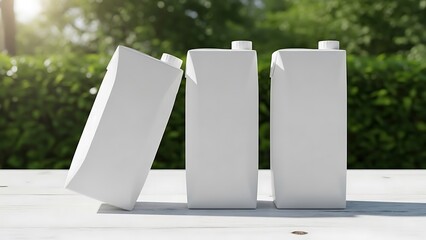 Three blank white carton packages rest on a white wooden table outside