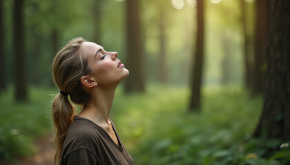 Young woman inhales deeply forest air with eyes closed in green park. She smiles with peace, enjoys nature. Calm person feels pure freshness, vitality and wellness in trees. © Maryna