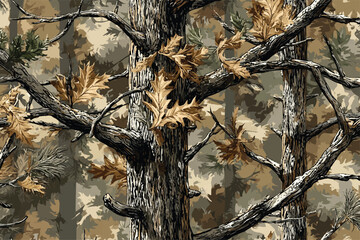 Camouflage seamless pattern. Forest real tree camouflage design. Hunting camouflage.
